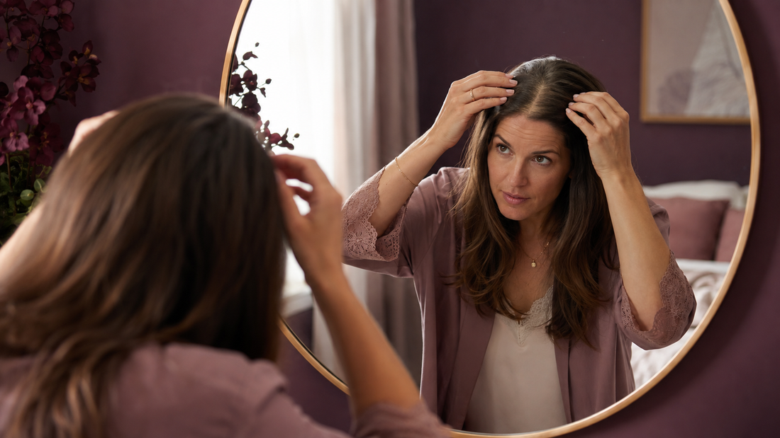 Woman examining her parting and hair density in a bedroom mirror.