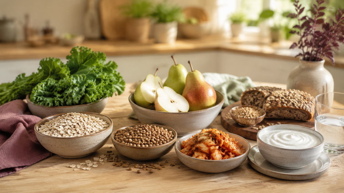 A kitchen table with oats, lentils, pears, leafy greens, whole-grain bread, kimchi, yoghurt and water
