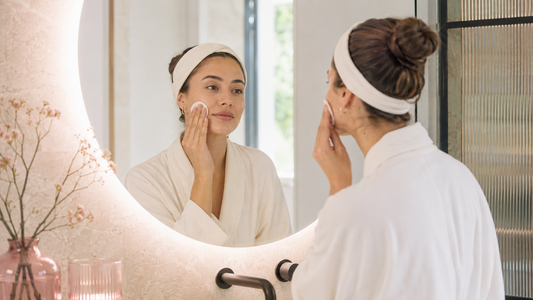 Woman applying a toner pad during an elevated at-home skincare routine.