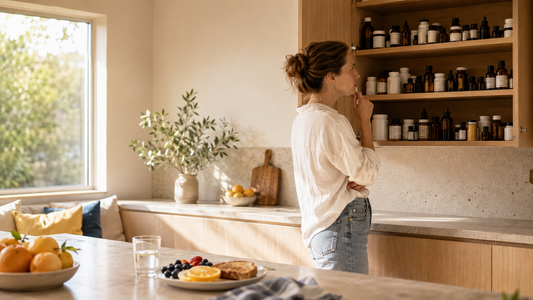 Woman considering an overcrowded wellness cabinet during a calm morning routine