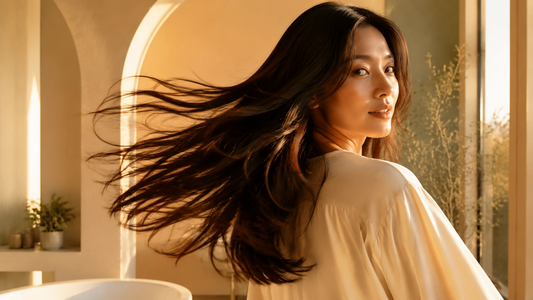 Woman running her fingers through long, glossy dark hair in a softly lit modern bathroom