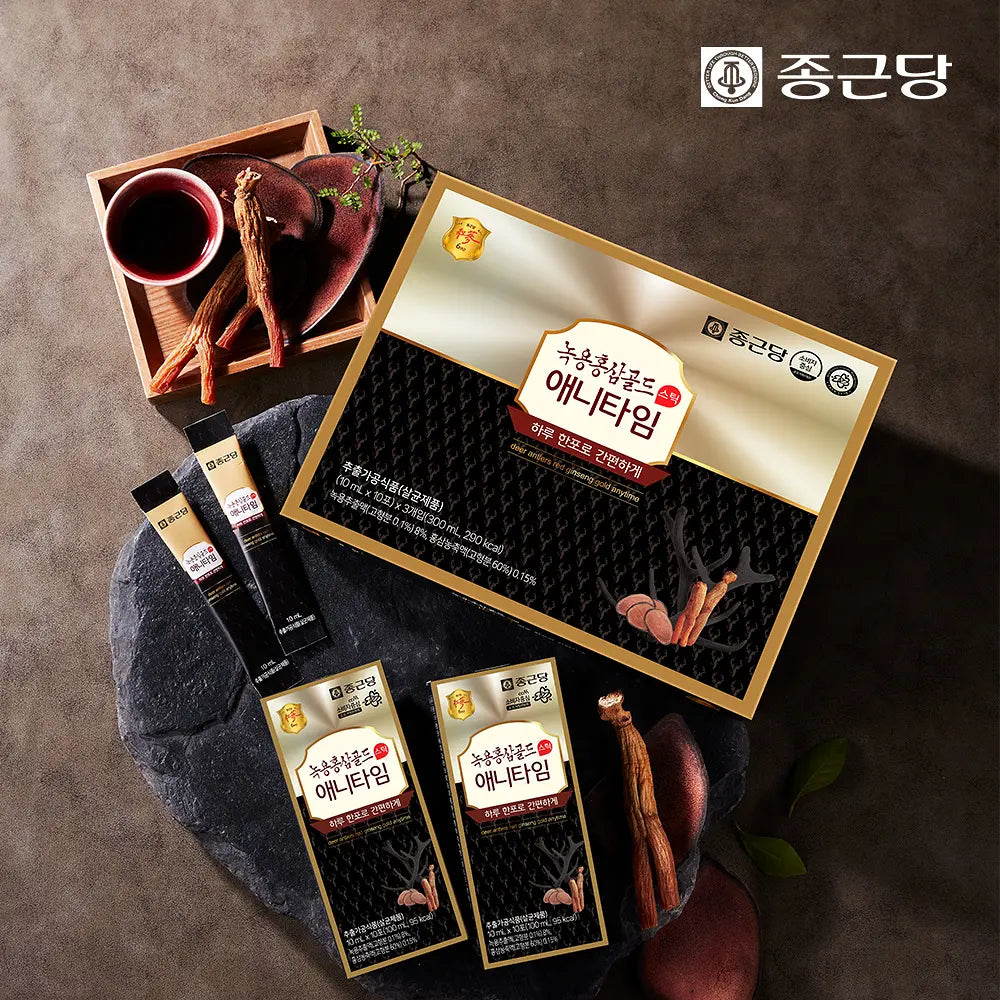 Deer Antler & Red Ginseng Gold Anytime 1 Box (300ml, 30 Sticks, Gold)