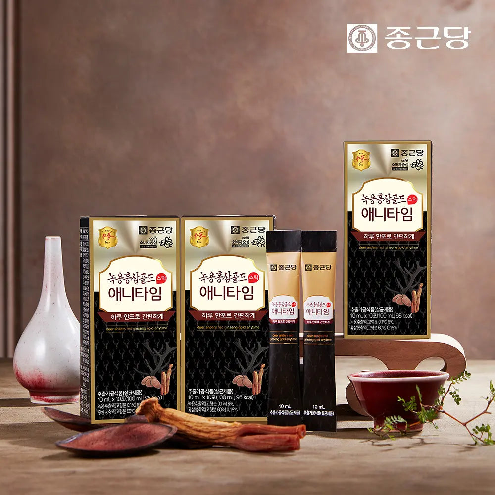 Deer Antler & Red Ginseng Gold Anytime 1 Box (300ml, 30 Sticks, Gold)