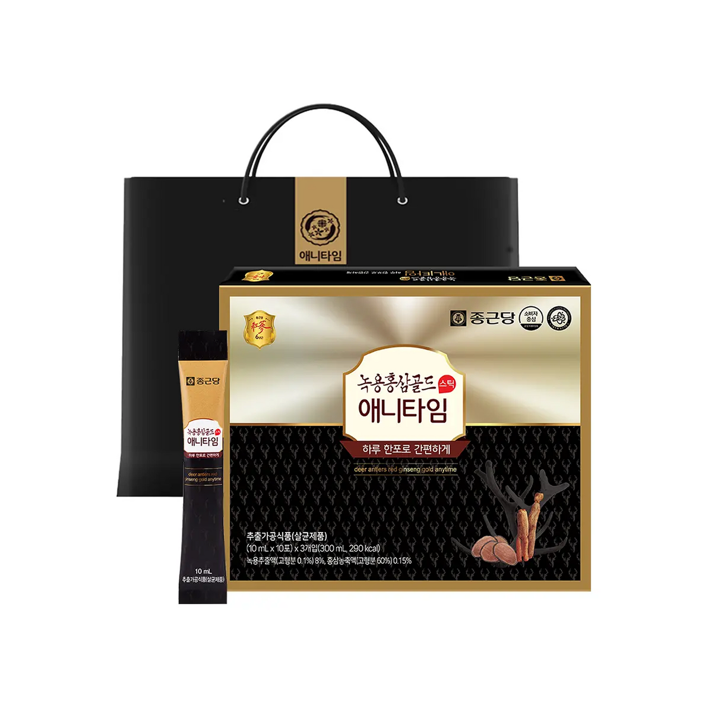 Deer Antler & Red Ginseng Gold Anytime 1 Box (300ml, 30 Sticks, Gold)