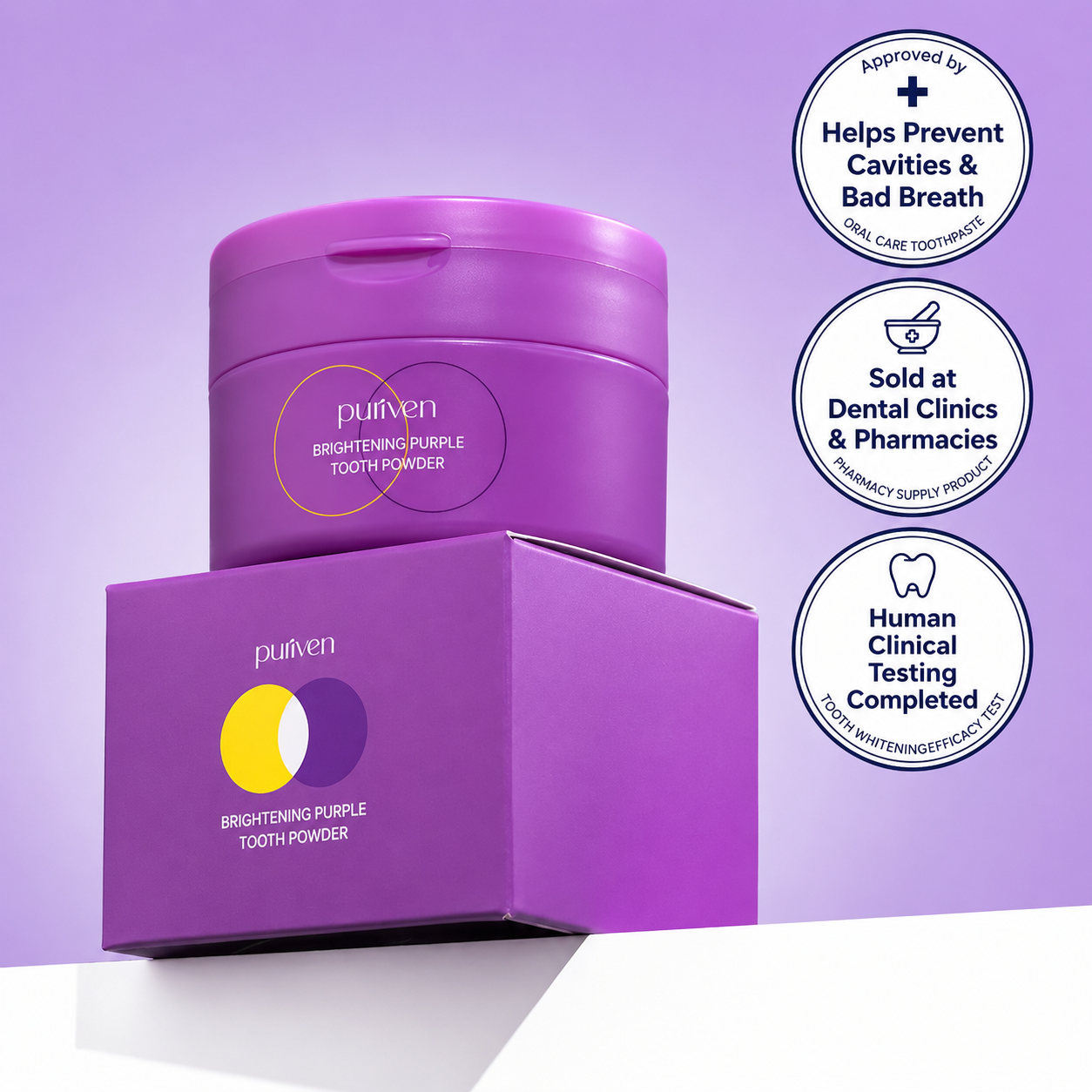 Puriven Purple Powder Toothpaste 40 gram jar and measuring spoon