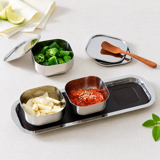 Stainless Steel Square Sauce Bowl 3P Set (Includes Tray)
